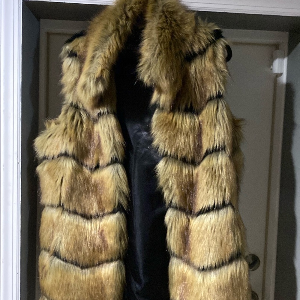 Fabulous Furs Golden Brown Faux Fur Vest with Black Accents